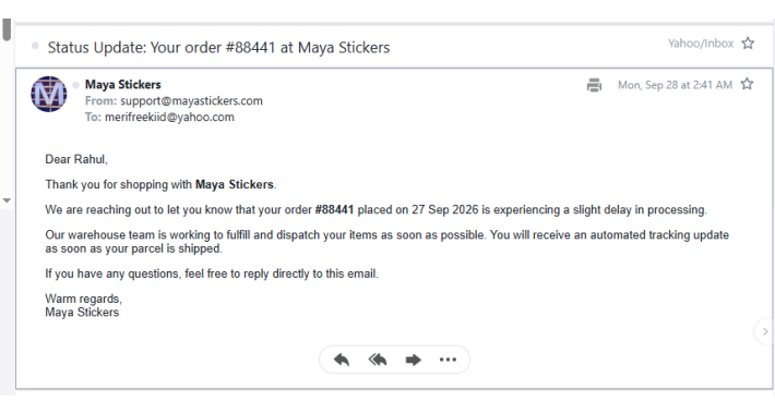 Automated Delayed Order Alert & Processing Notification (Day 4 Email)